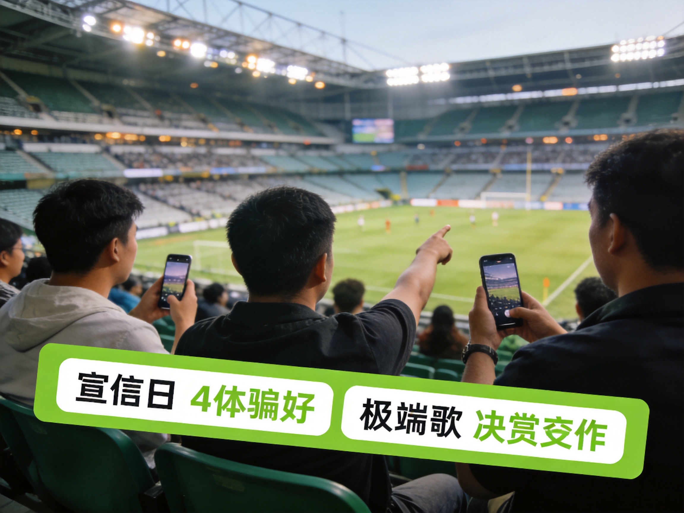 球迷在球场看台观看比赛并使用手机查看实时数据